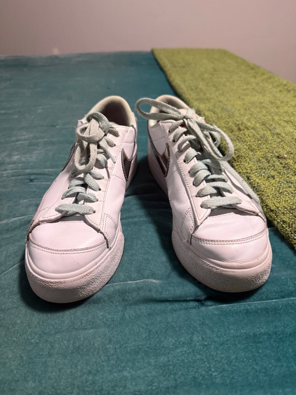 White Low-Top Leather Sneakers with Mint Accents